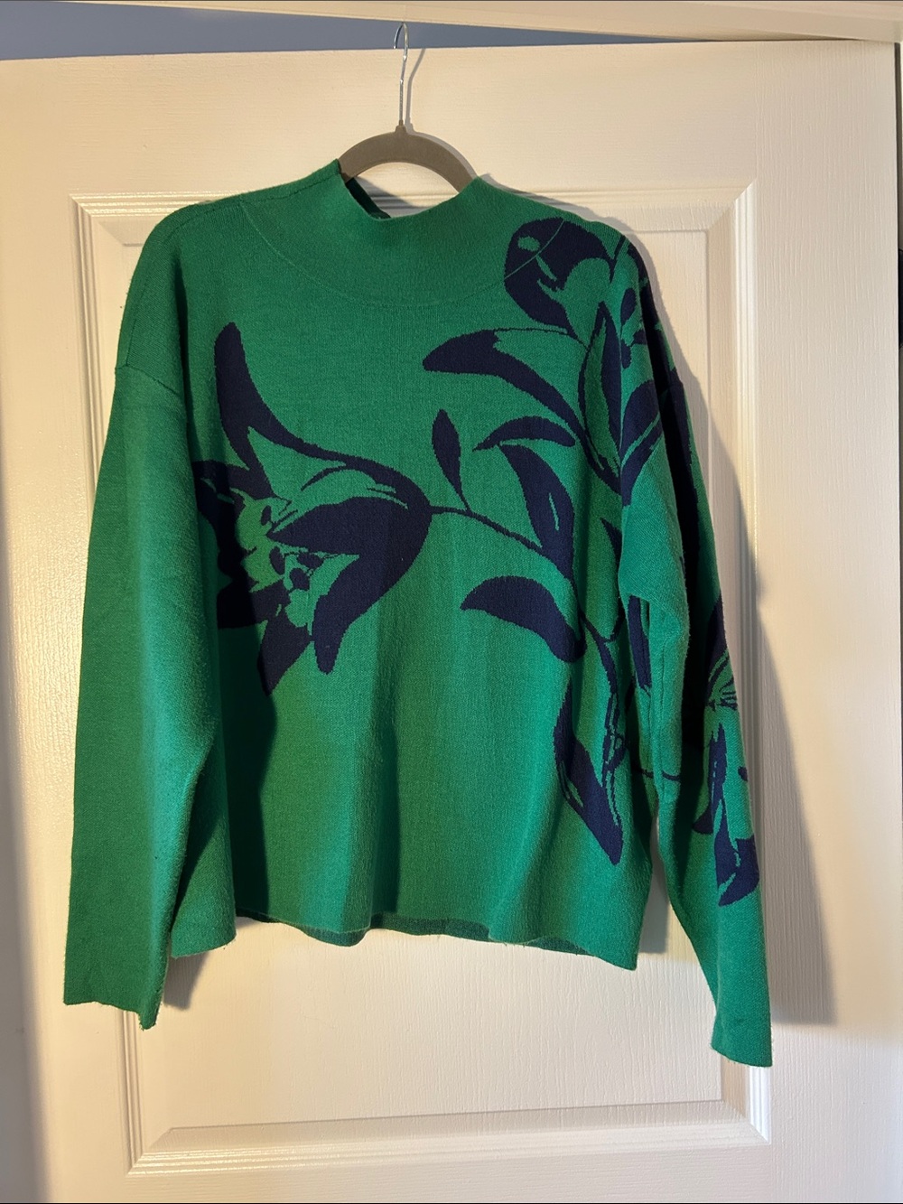 Maeve (Anthropologie) Green Sweater with Navy Floral Motif